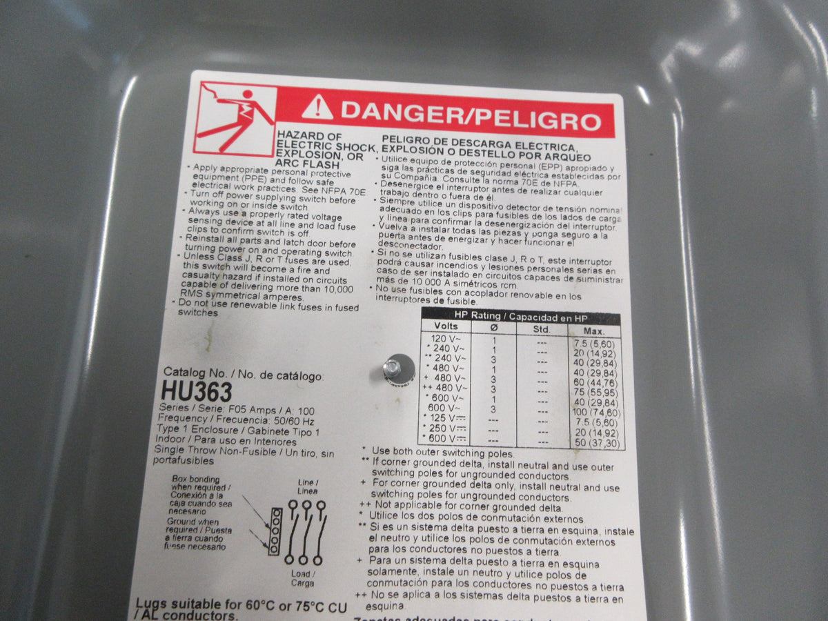 Square D Non-Fusible Safety Switch HU363 100A 600V 3P *Damaged Box* New Surplus