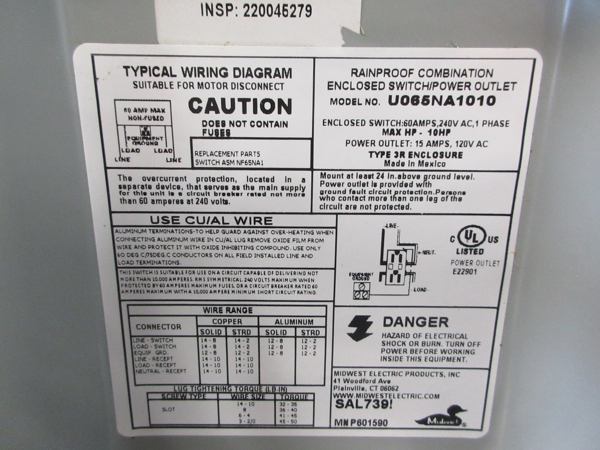 Midwest Electric 3R Combination Enclosed Switch/Power Outlet New Surplus