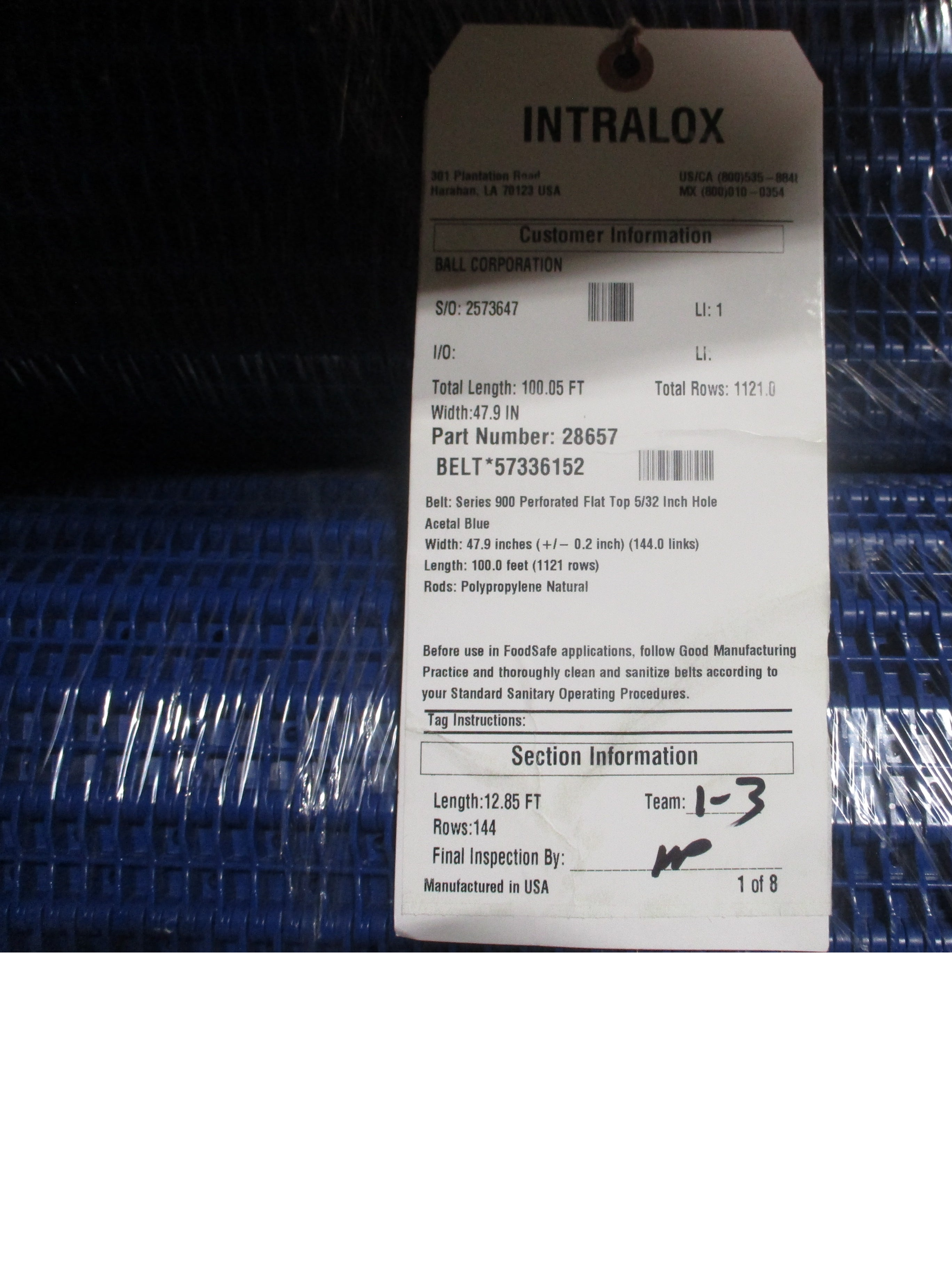 Intralox Series 900 Perforated Flat Top Belt 28657 Width: 47.9in Length: 100ft Acetal Blue New Surplus