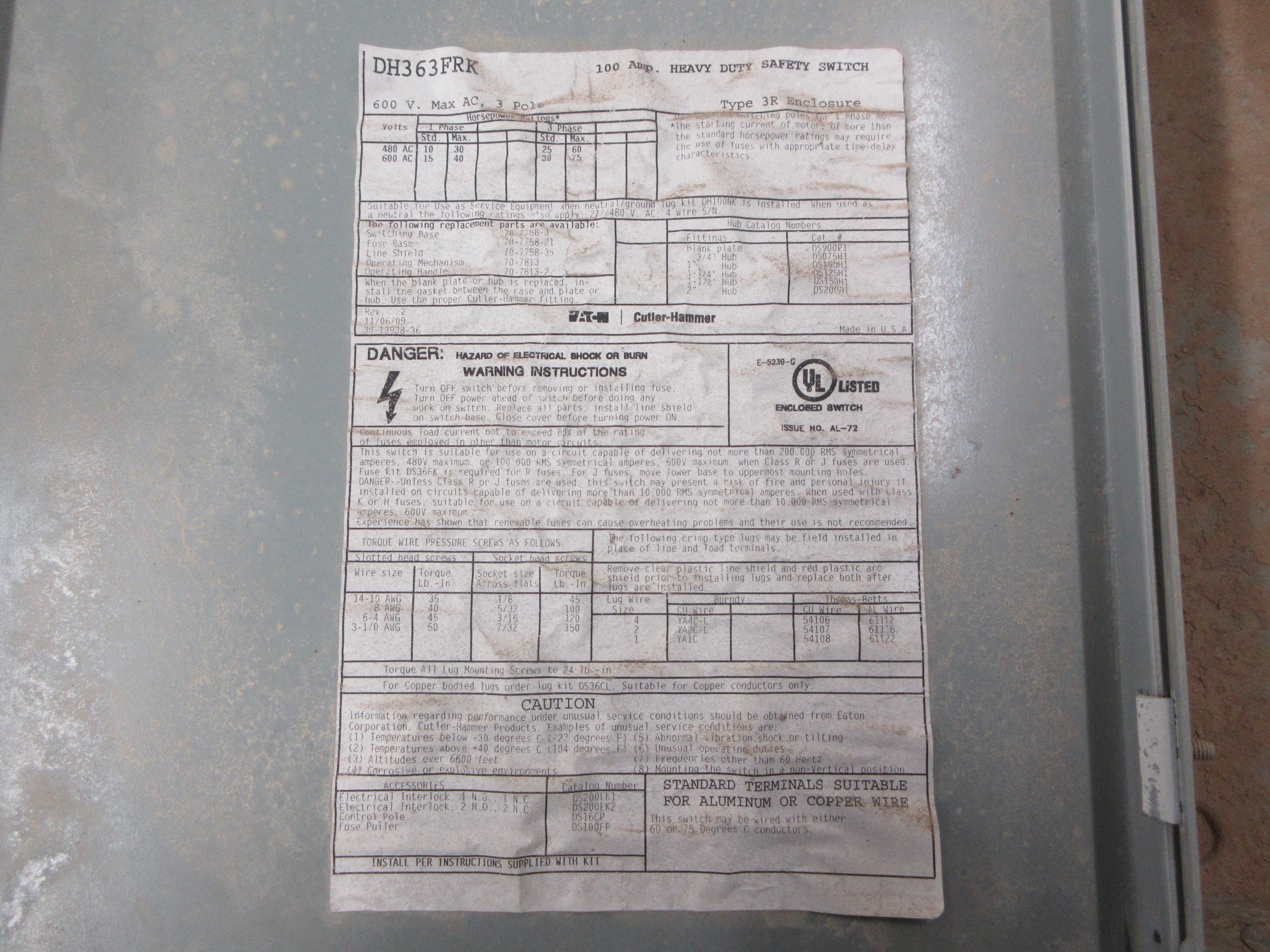 Eaton Fusible 3R Safety Switch/Disconnect DH363FRK 100A 600V 3P Used