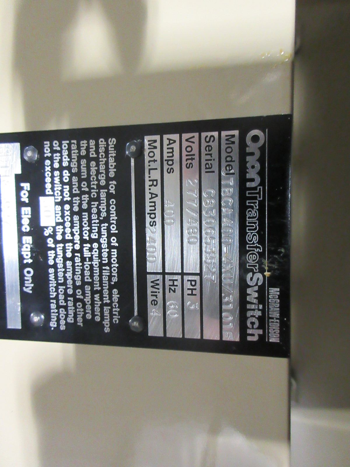 McGraw-Edison Onan Automatic Transfer Switch OTBCA400-4XU/3101F 400A Used