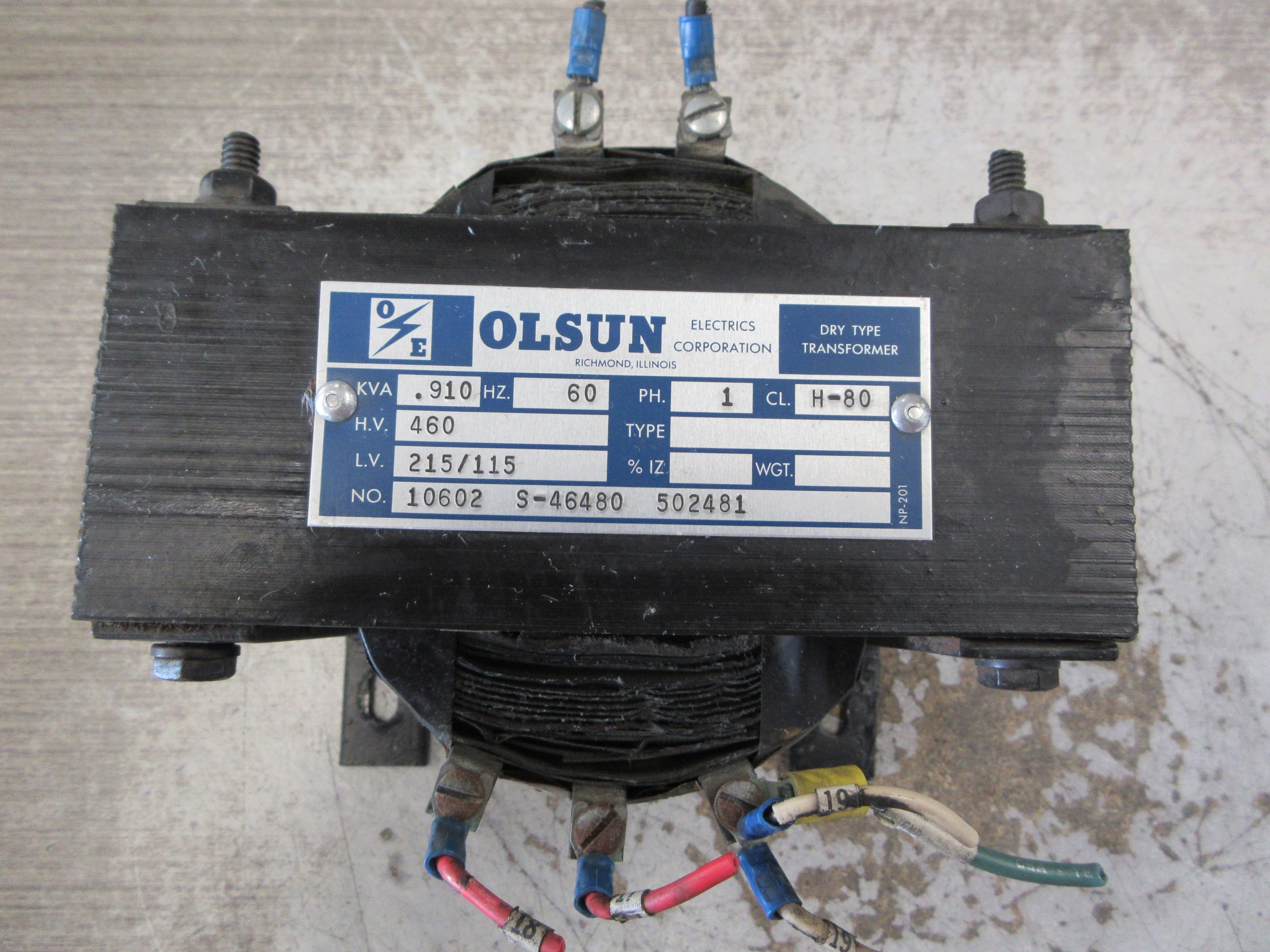Olsun Transformer 10602 S-46480 502481 0.910KVA Pri; 460V Sec: 215/115V 1Ph Used