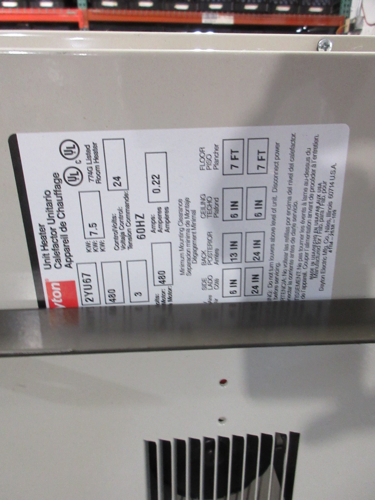 Dayton Unit Heater 2YU67 7.5 KW 480V 3Ph 60Hz Used