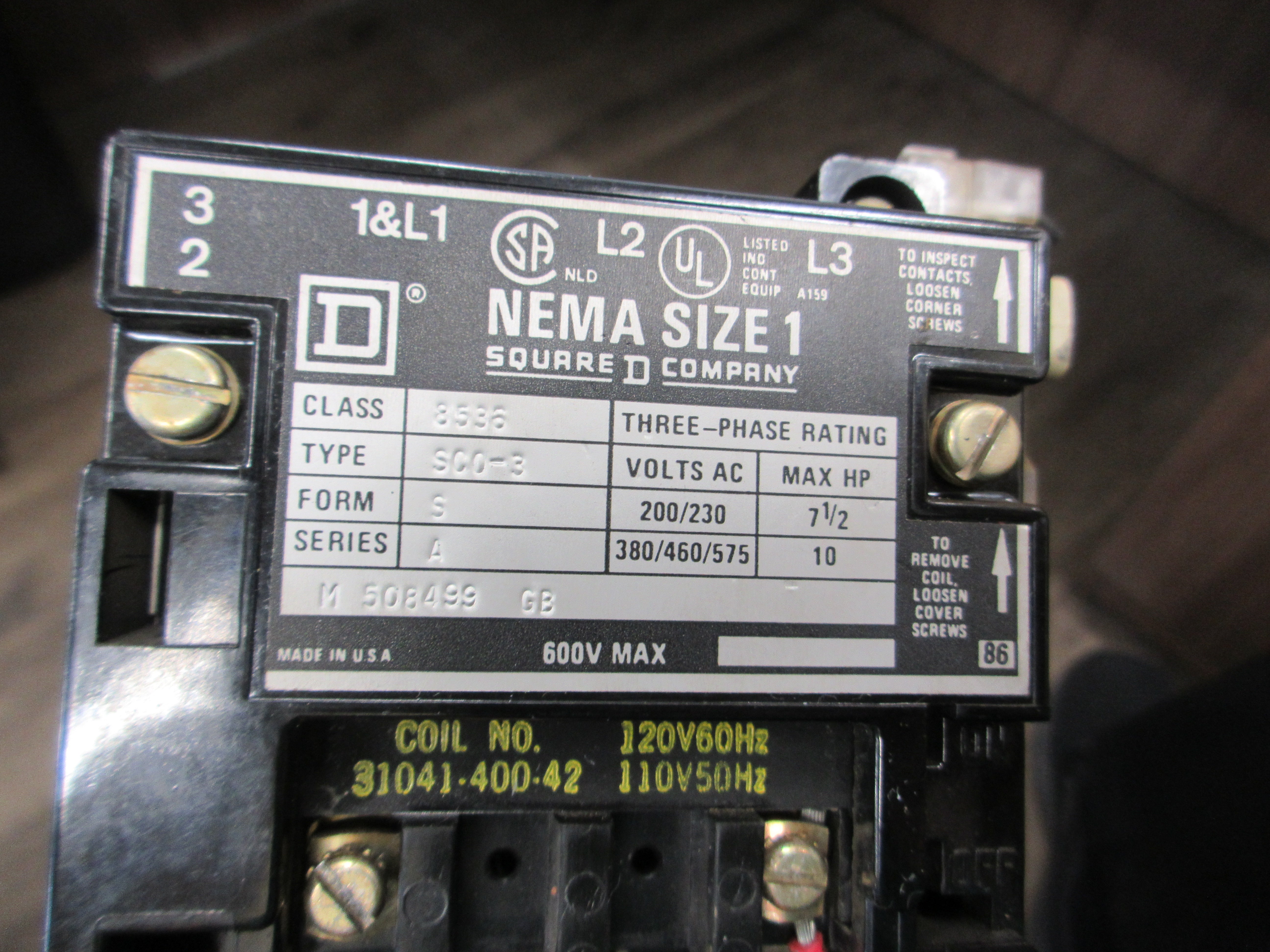 Square D Size 1 Starter 8536 SCO-3 S Series A 120V Coil 600V