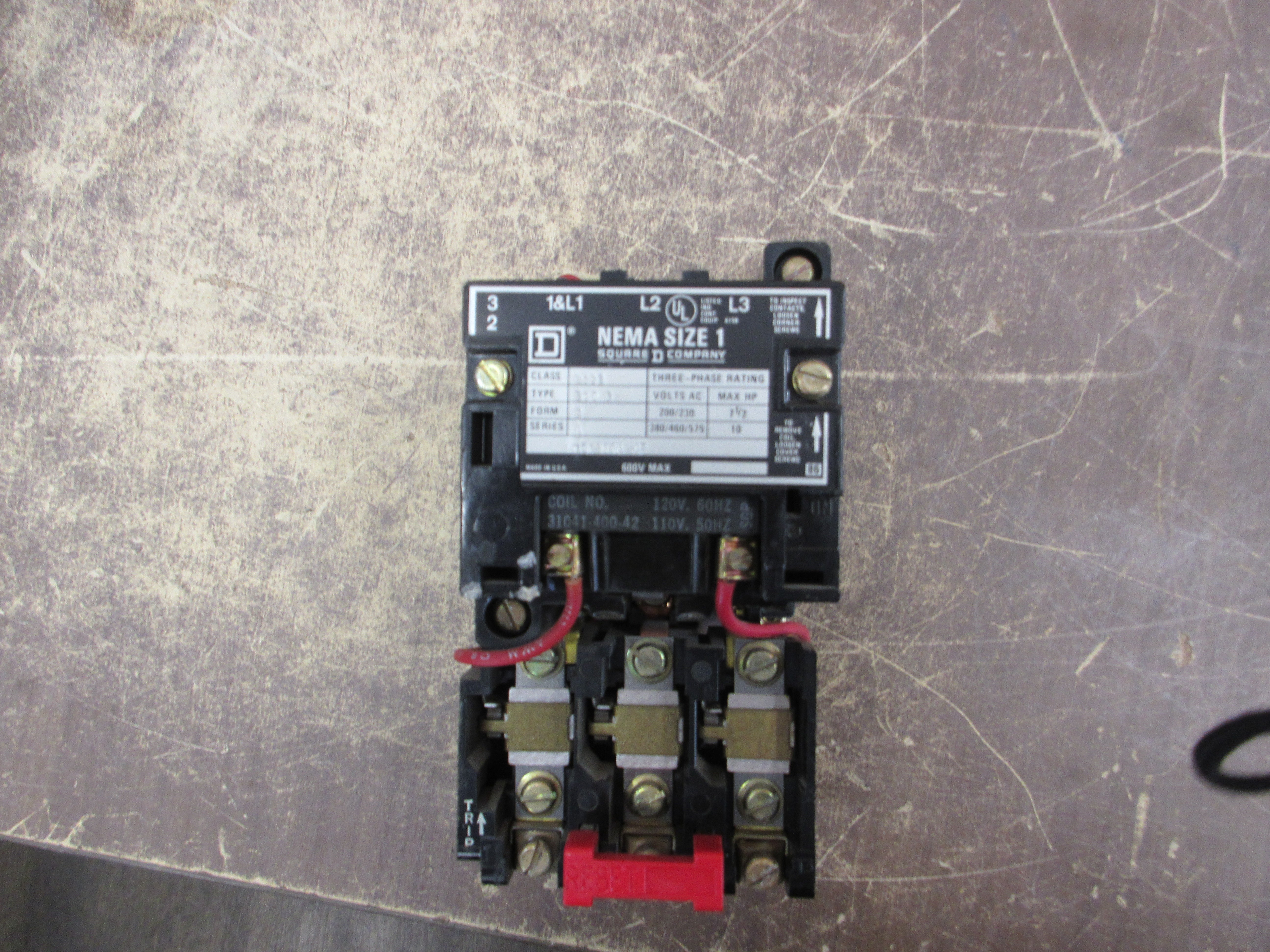 Square D Size 1 Starter 8536 SCO 3 S Ser. A 120V Coil 600V Used