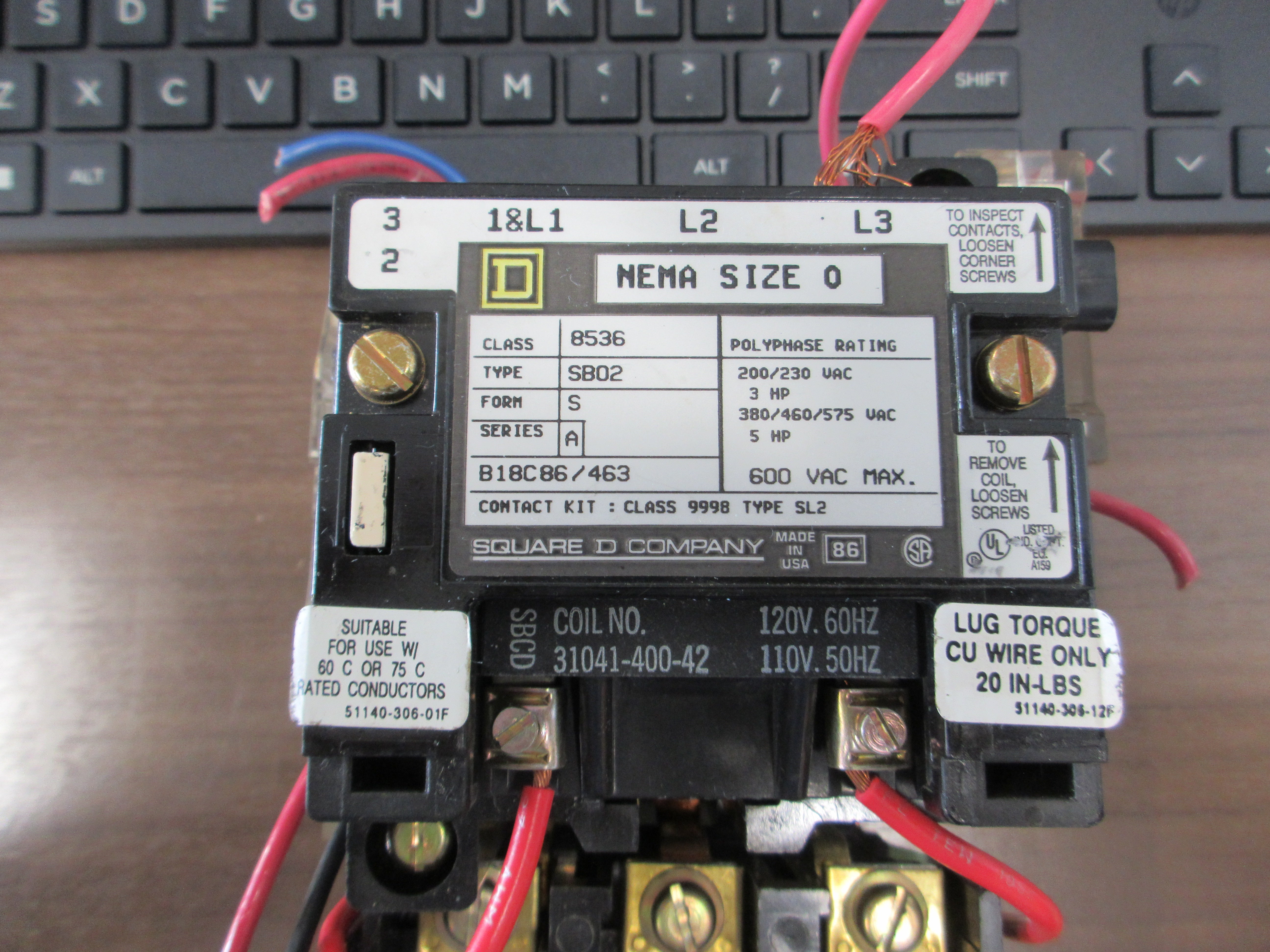Square D Size 0 Starter 8536 SBO2 S Ser. A 120V Coil 600V (1) Aux Fuse Used