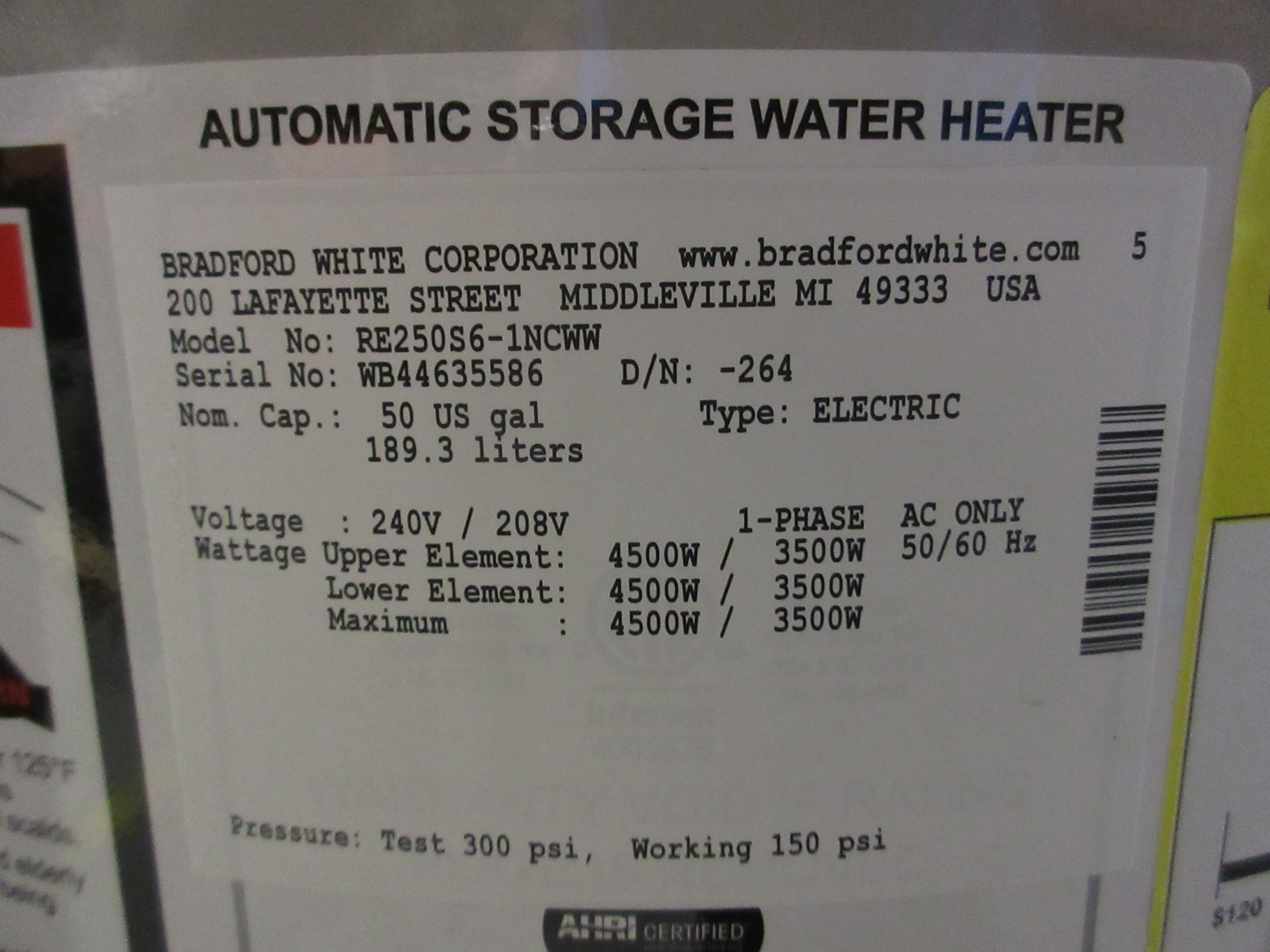 Bradford White Electric Tank Water Heater RE250S56-1NCWW 208/240V 1Ph Used