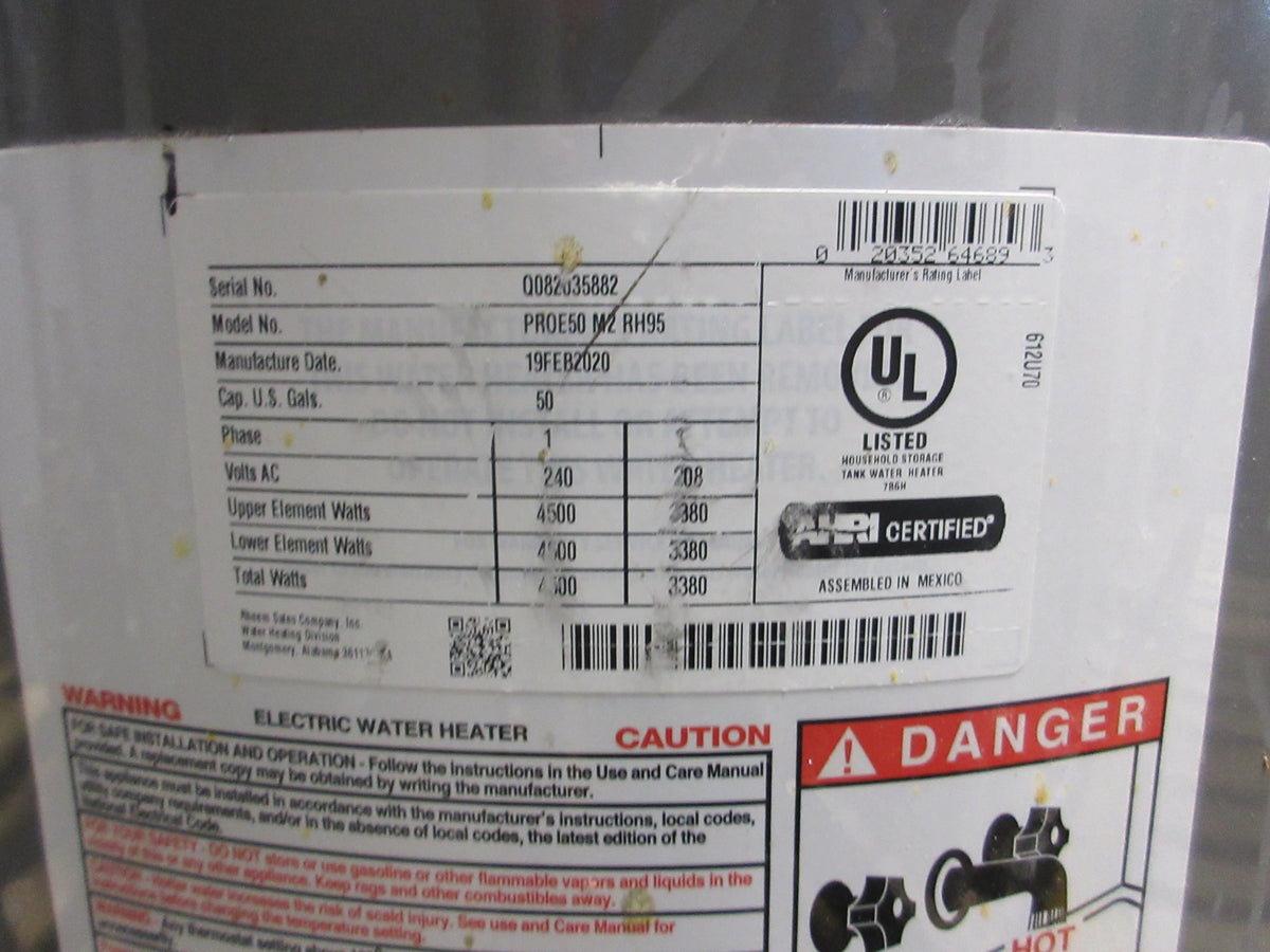 Rheem Classic Series Electric Tank Water Heater PRO E50 M2 RH95 208/240VUsed
