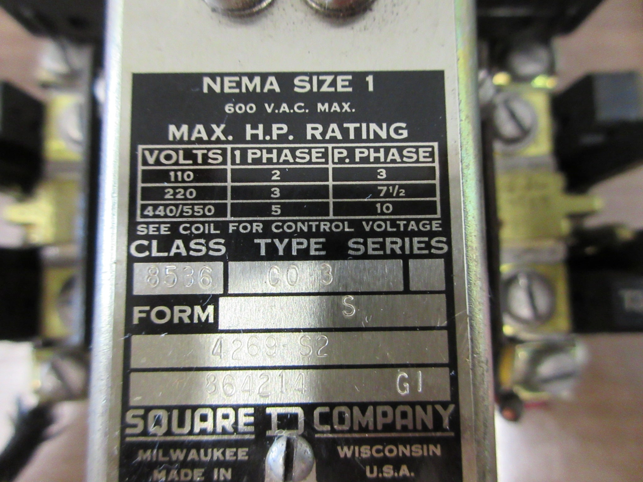 Square D Size1 Starter 8536 CO-3 S 120V Coil 600V Used