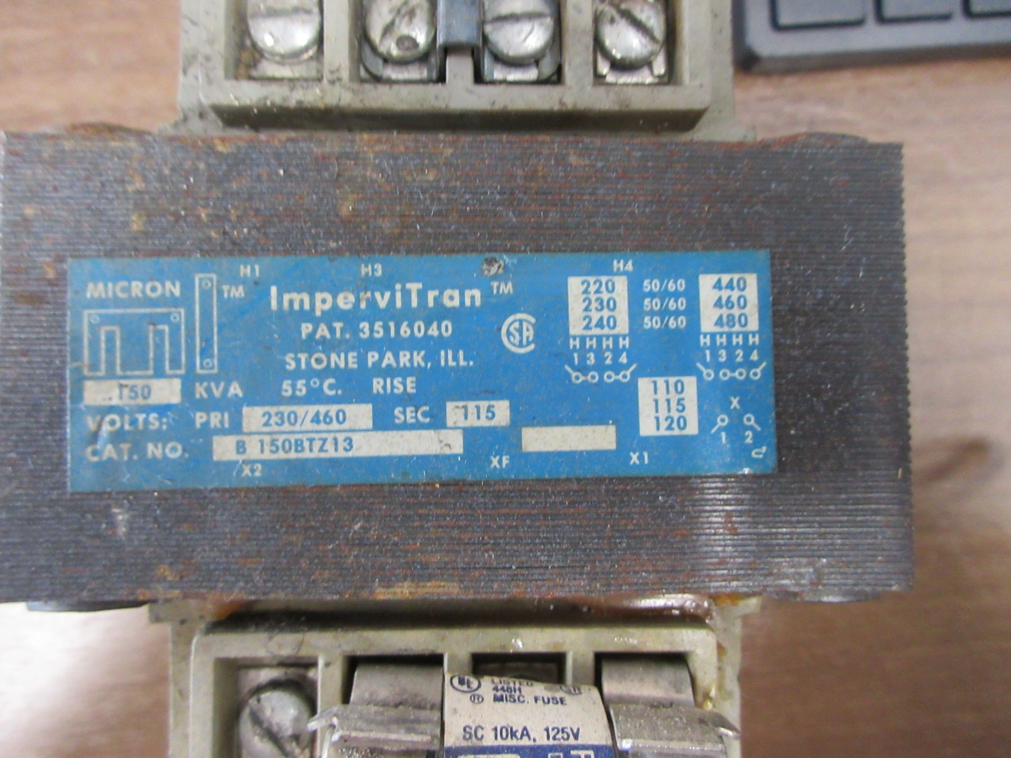Micron Impervitran Control Transformer B150BTZ13 0.150KVA Pri:230/460V Sec:115V