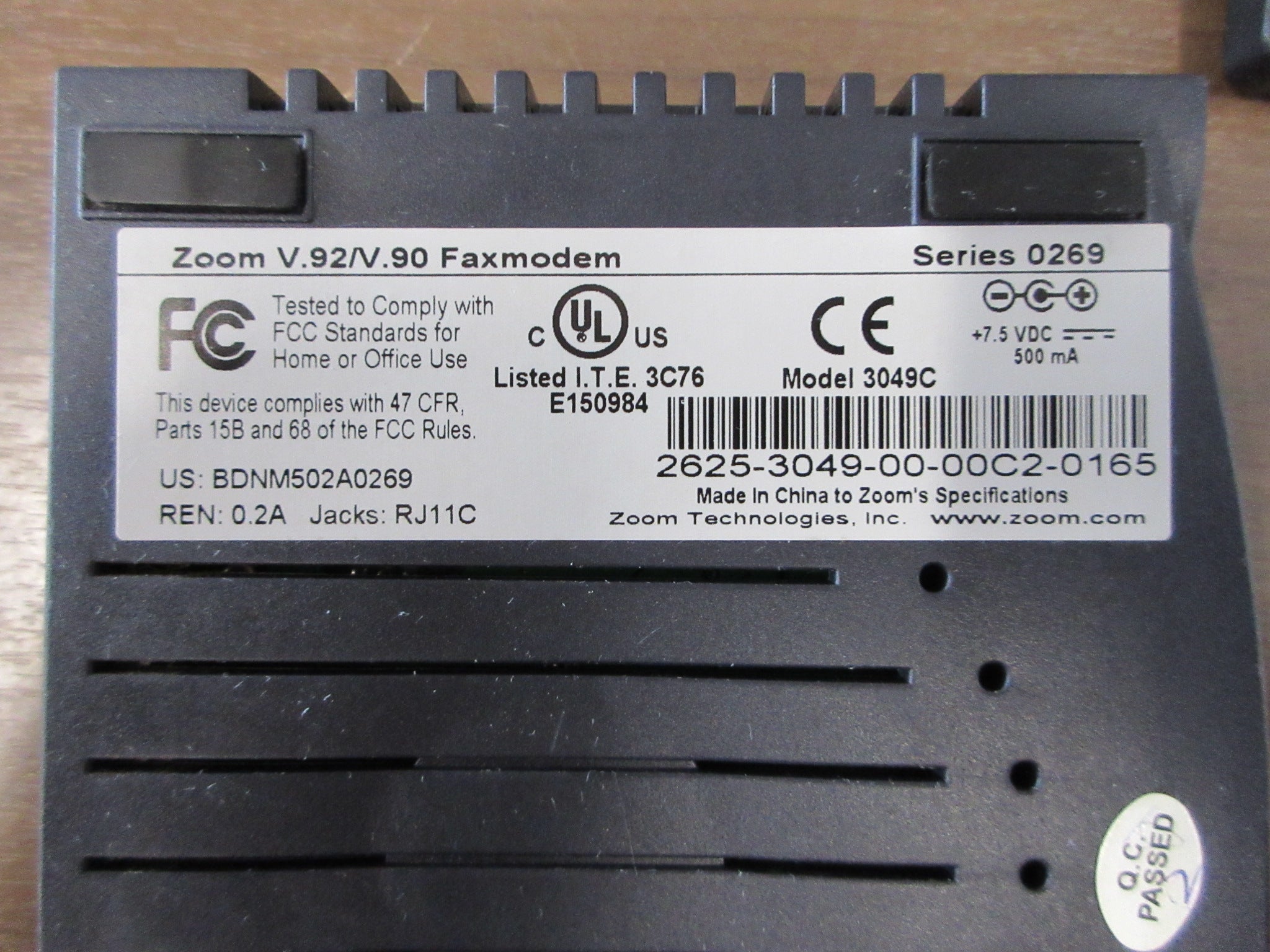 Zoom Technologies Series 0269 Faxmodem 3049C V .92/V.90 Used