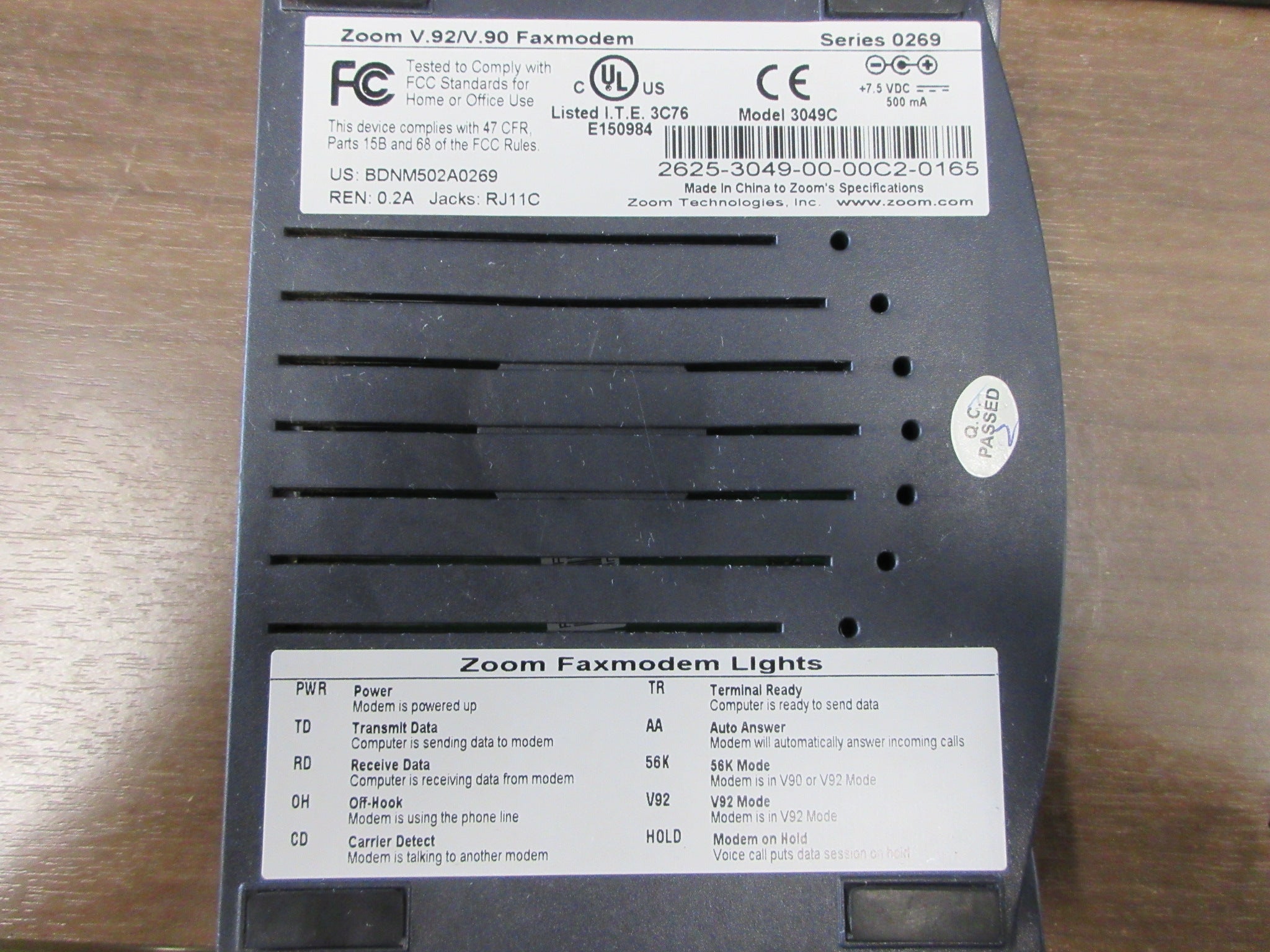 Zoom Technologies Series 0269 Faxmodem 3049C V .92/V.90 Used