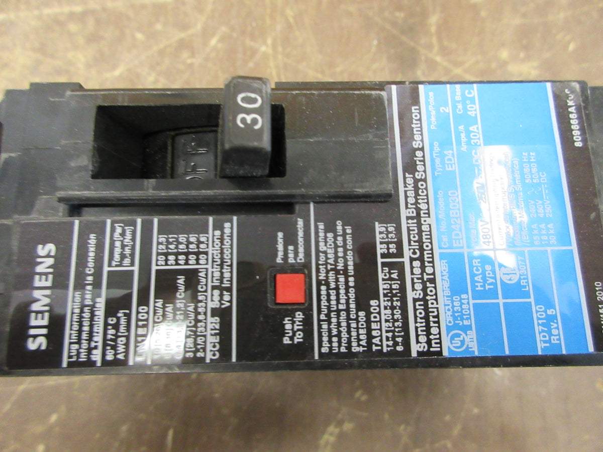 Siemens ITE Sentron Circuit Breaker ED42B030 30A 480V 2P Used
