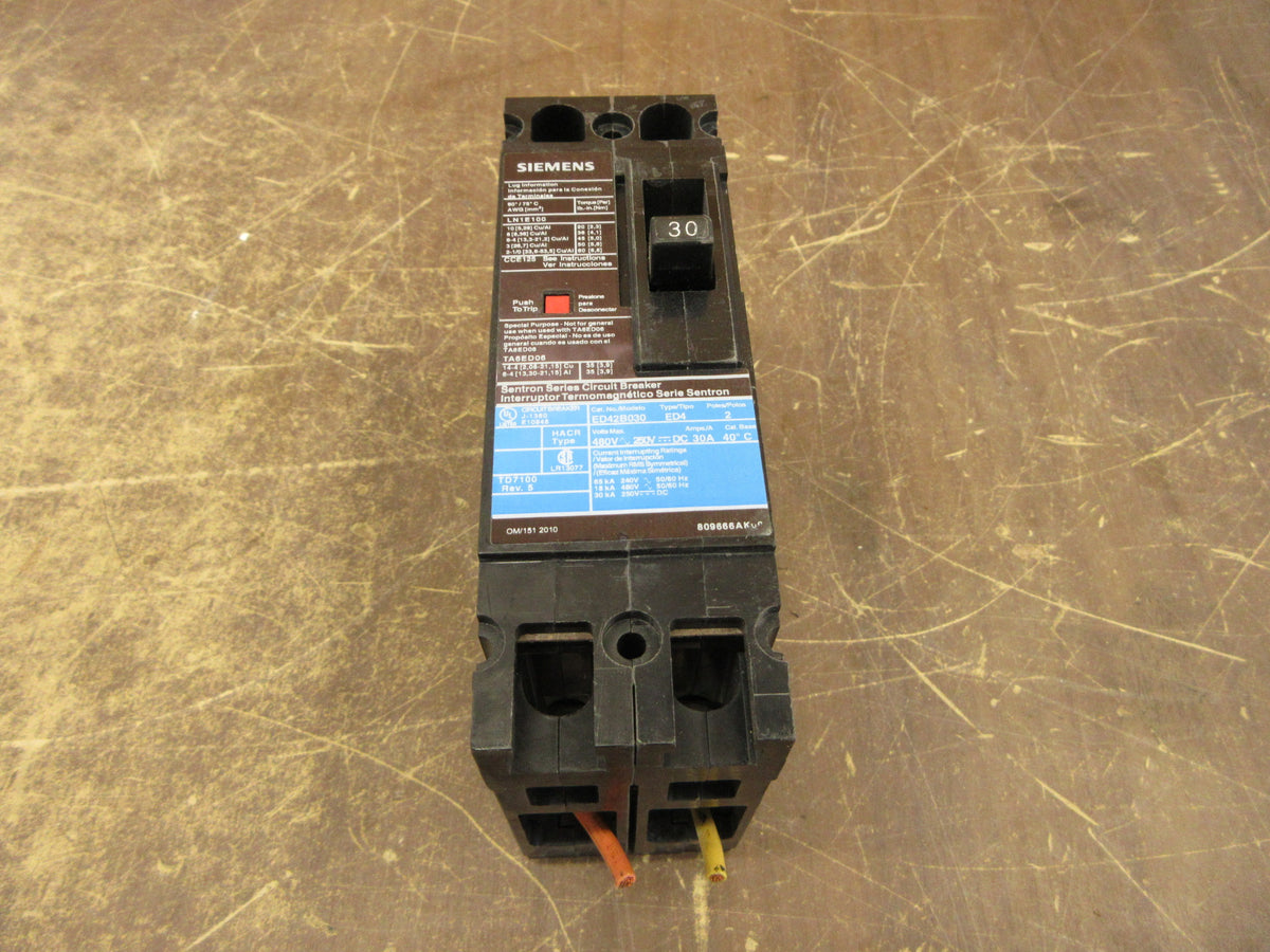 Siemens ITE Sentron Circuit Breaker ED42B030 30A 480V 2P Used