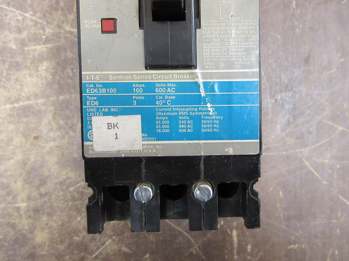 Siemens Sentron Circuit Breaker ED63B100 100A 600V 3P W/ Mounting Screws Used