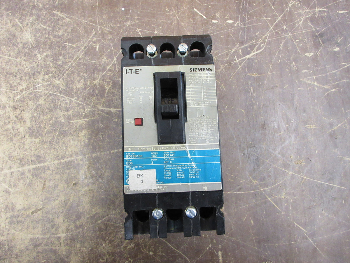 Siemens Sentron Circuit Breaker ED63B100 100A 600V 3P W/ Mounting Screws Used