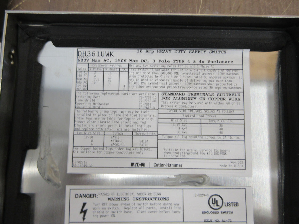 Eaton Stainless Steel 4X Non-Fusible Safety Switch/Disconnect New Surplus