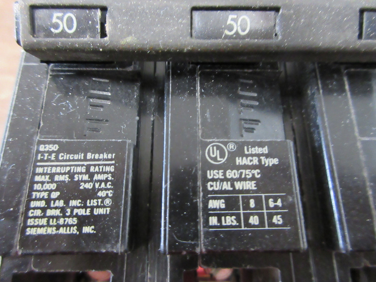 Siemens ITE Type QP Clip-on Circuit Breaker Q350 50A 240V 3P Used