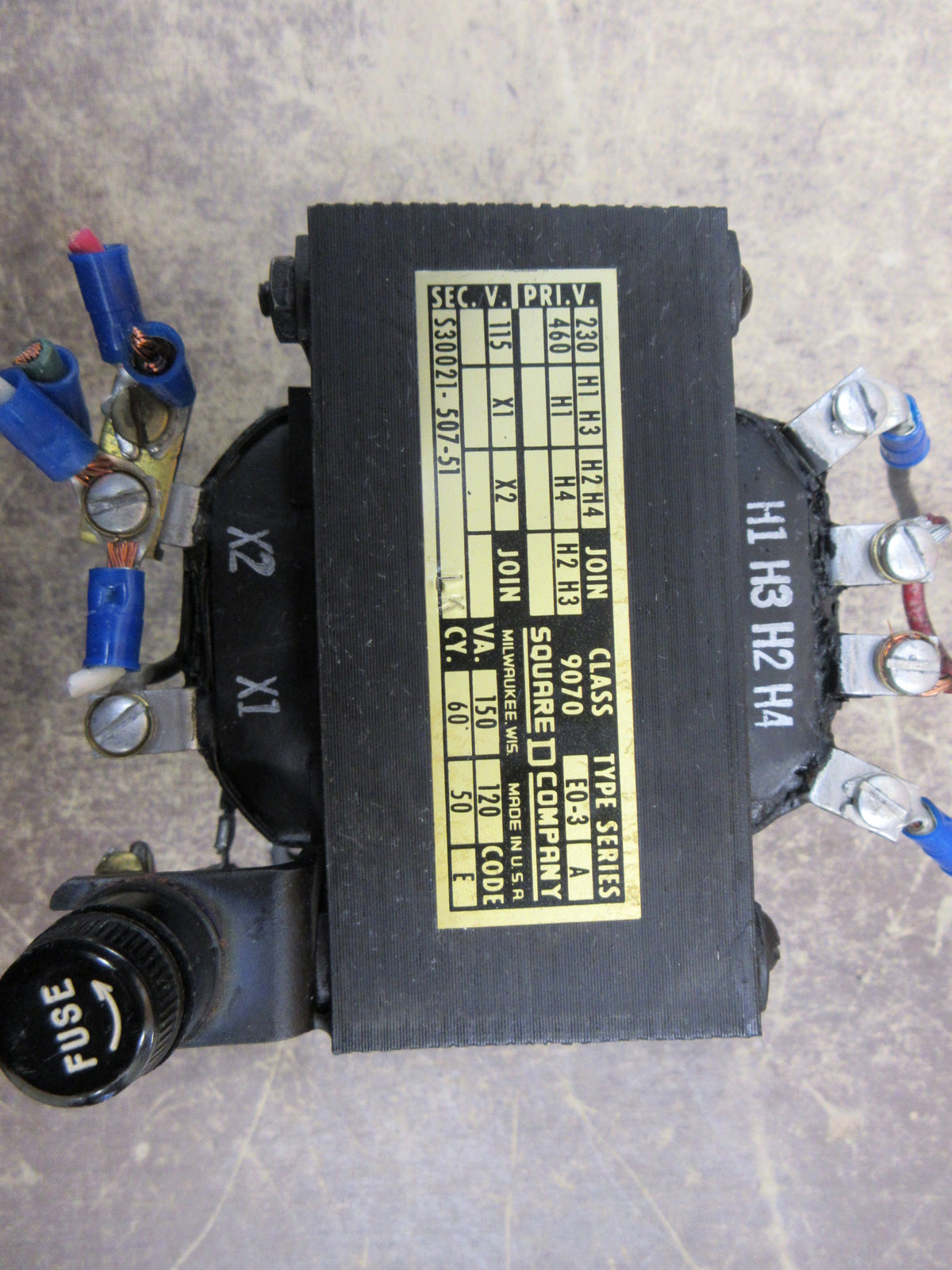 Square D Transformer 9070 E0-3 Ser. A 150VA Pri: 240/480V Sec: 24V w/Fuse Used
