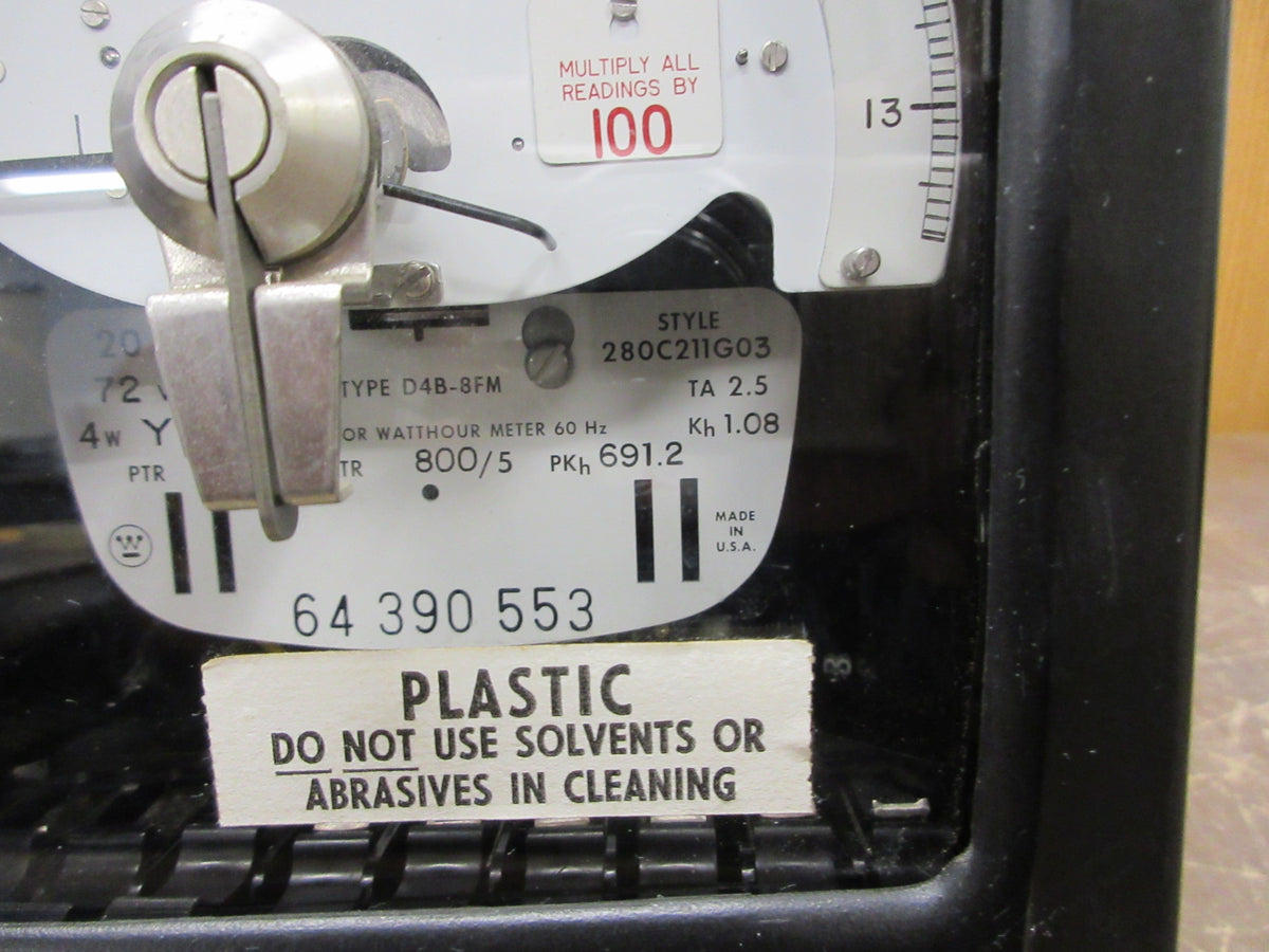 Westinghouse Type D4B-8FM Watthour 280C211G03 Meter 72V 4W CTR: 800 1.5 Used