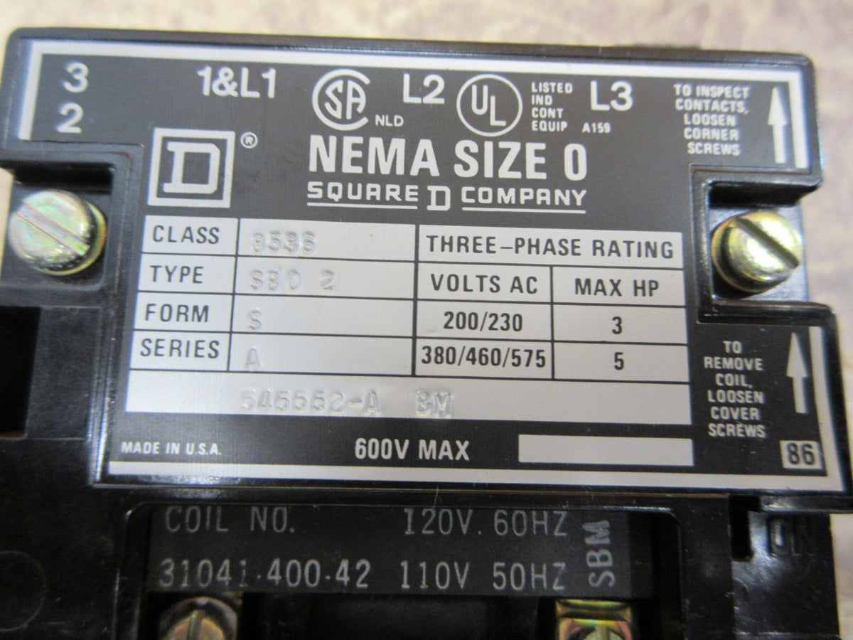 Square D Size 0 Starter 8536SBO2S Ser. A 120V Coil 600V Used