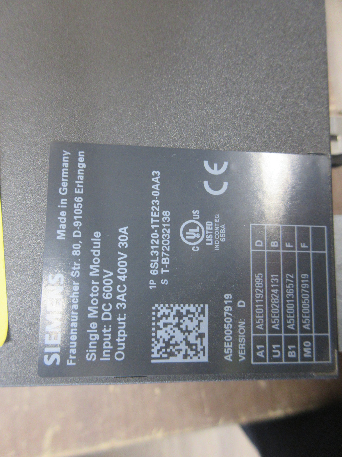 Siemens Single Motor Module 6SL3120-1TE23-0AA3 Ver.D Input: 600VDC Used