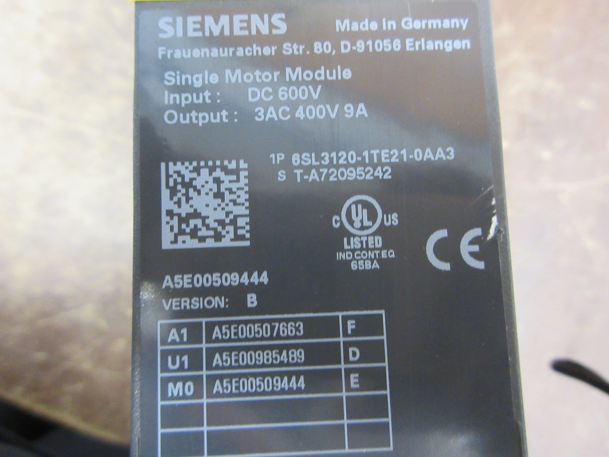 Siemens Single Motor Module 6SL3120-1TE21-8AA3 Ver. B Input: 600VDC Used