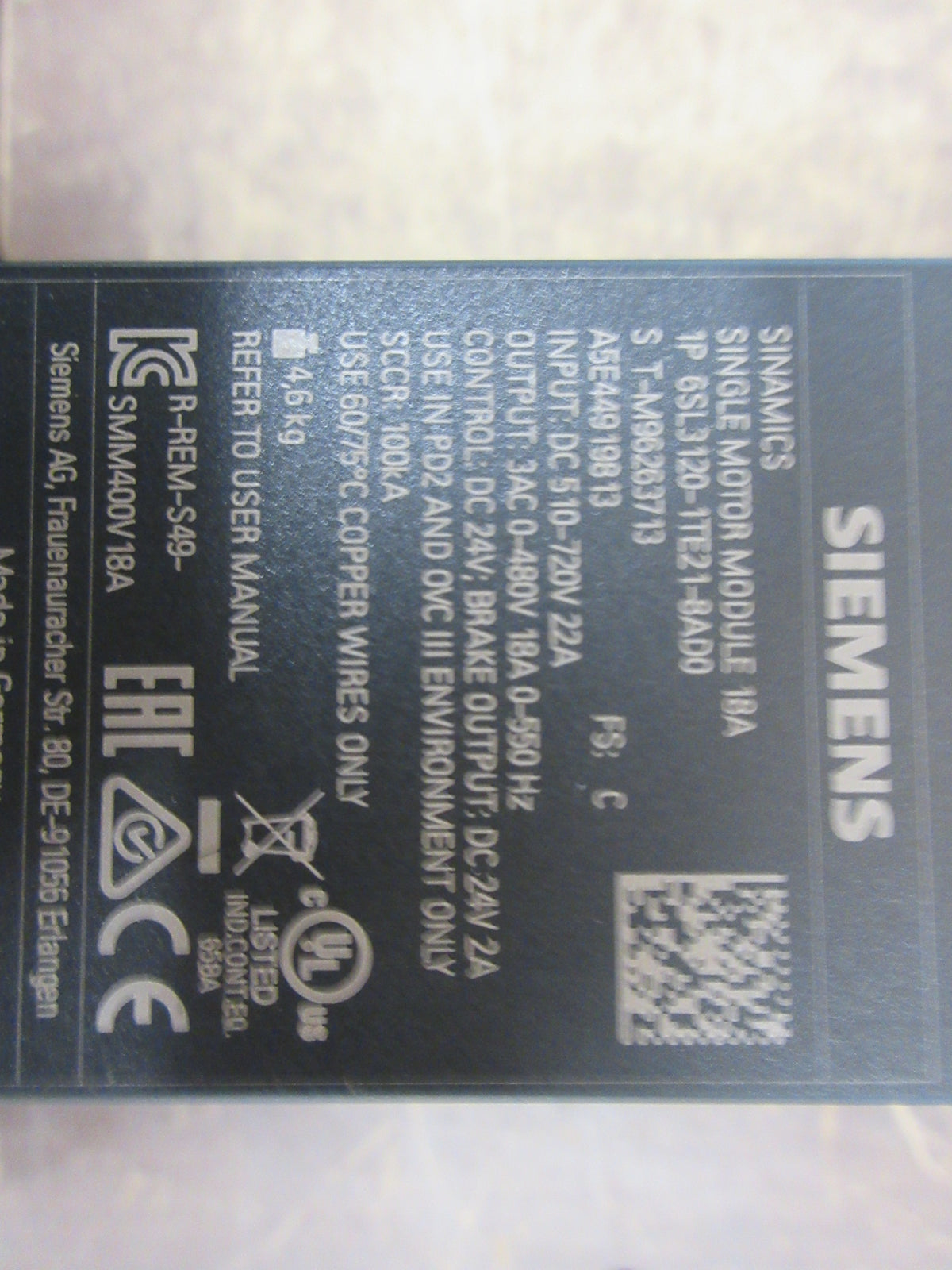 Siemens Sinamics Single Motor Module 6SL3120-ITE21-8AD0 FS:C Used