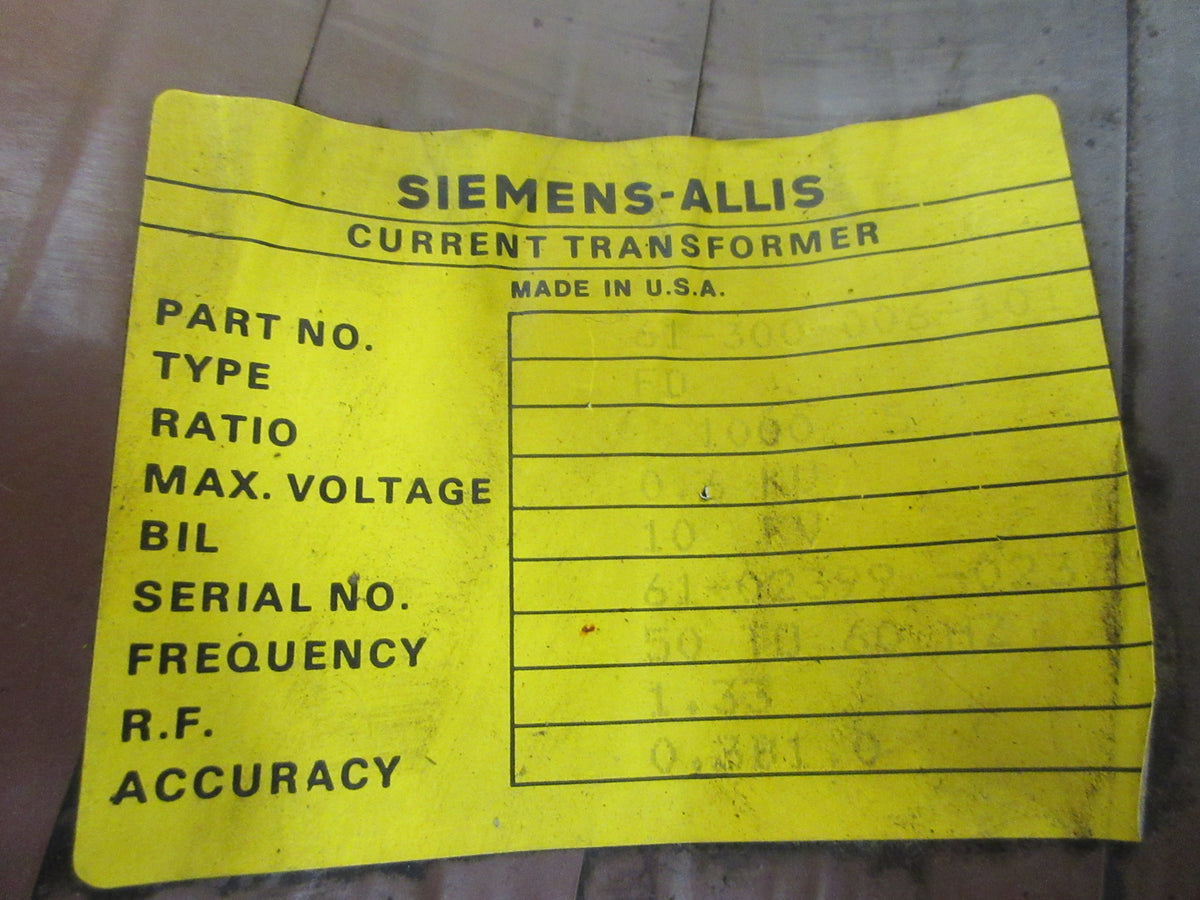 Siemens-Allis Current Transformer 61-300-006-101 Ratio 1000:5A 600V 50-60Hz Used