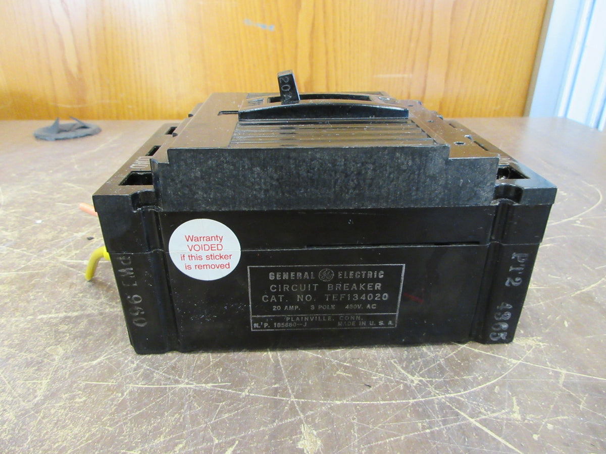 GE Circuit Breaker TEF134020 20A 480V 3P (2) Mounting Screw Used