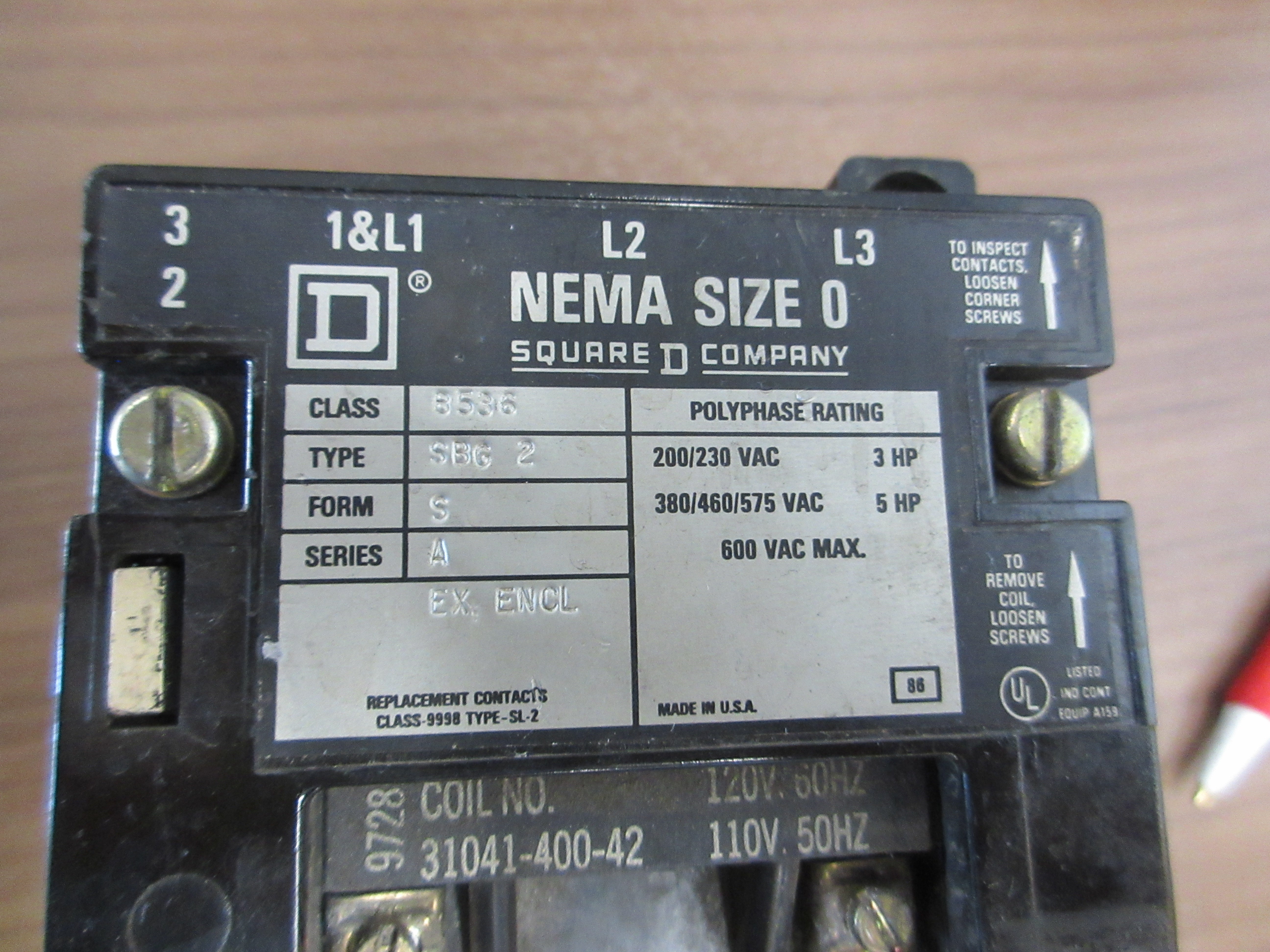 Square D Size 1 Starter 8536 SBG 2 S Ser.A 120V Coil 600V Used