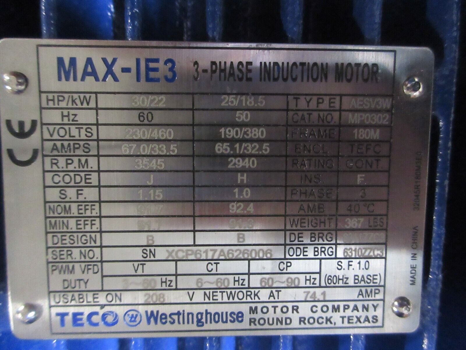 Teco Westinghouse Max-IE3 Type AESV3W AC Motor MP0302 30HP 3600RPM 230/460V