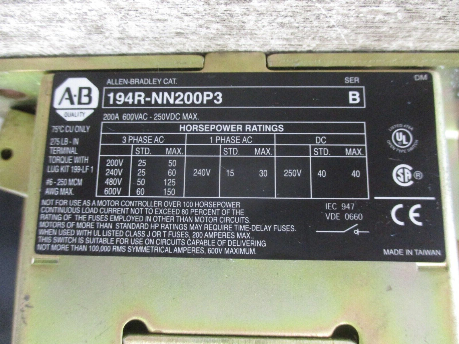 Allen-Bradley Fusible Disconnect Switch 194R-NN200P3 Ser. B 200A 600V 3P