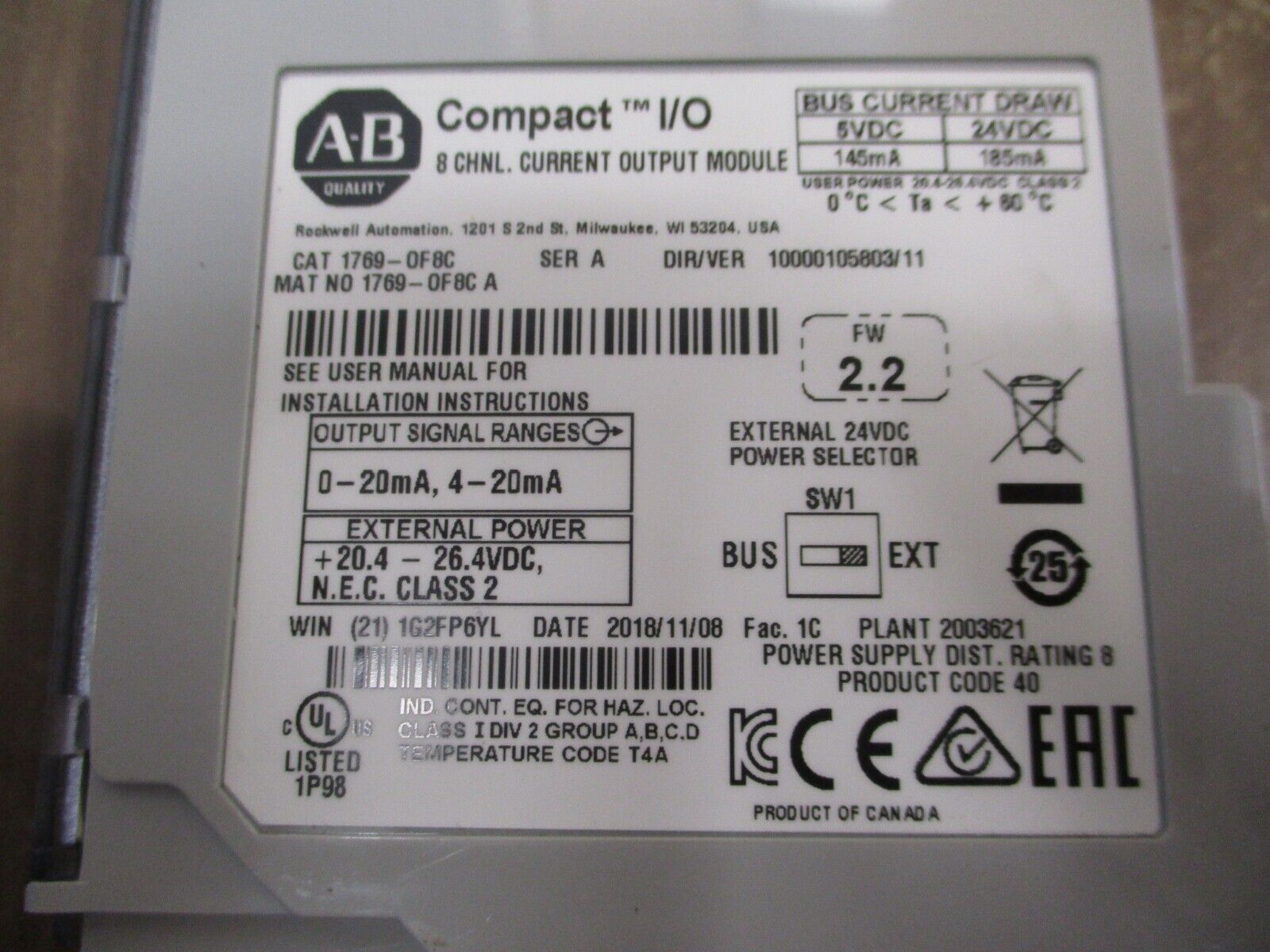 Allen-Bradley Compact I/O Current Output Module 1769-OF8C Ser. A F/W Rev. 2.2