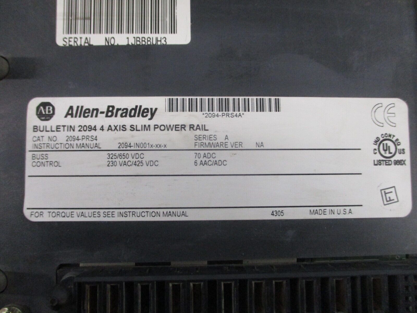 Allen-Bradley 4-Axis Slim Power rail 2094-PRS4 Ser. A Buss: 325/650VDC 70A