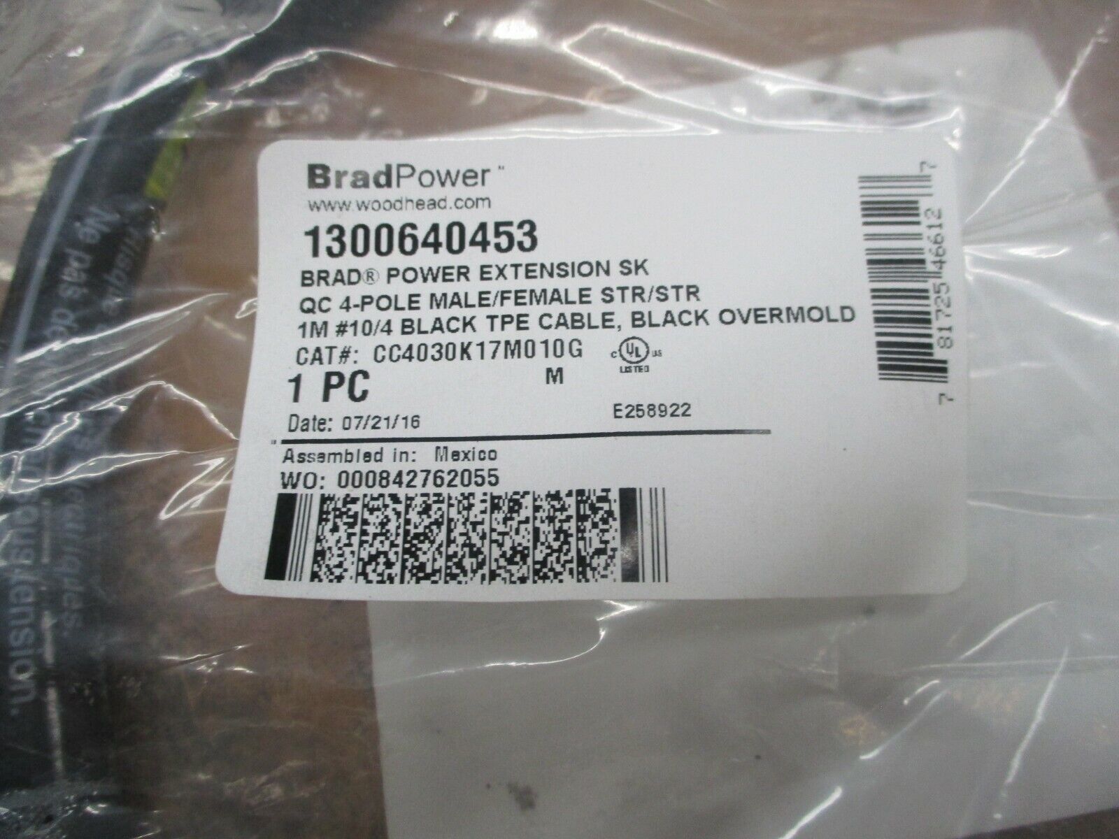 Brad Power Extension SK Double-Ended Cord Set 1300640453 CAT #: CC4030K17M010G