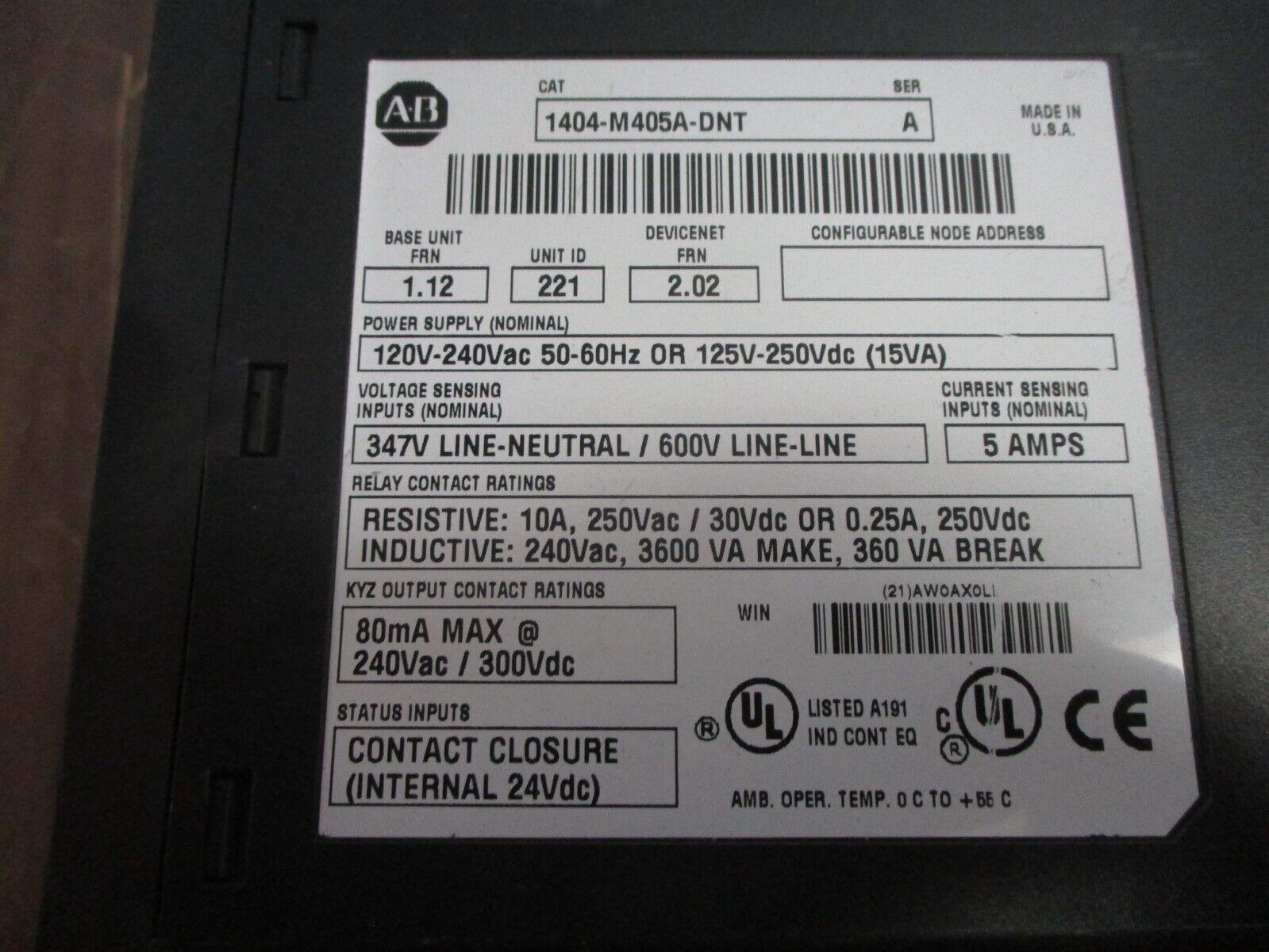 Allen-Bradley Powermonitor 3000 Control Monitor 1404-M405A-DNT Ser. A Used