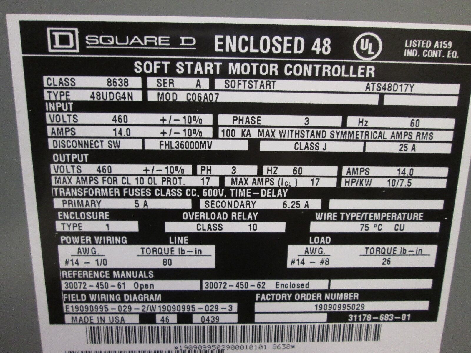 Square D Enclosed 48 Soft Start 863848UDG4N ATS48D17Y Used