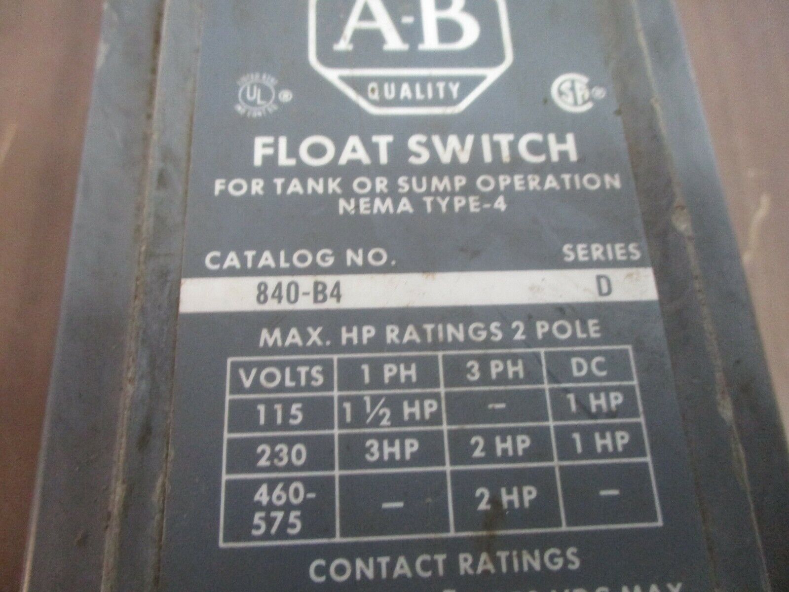 Allen-Bradley Float Switch 840-B4 Ser. D 115-600V Nema 4 *Bent Mounting Ear*