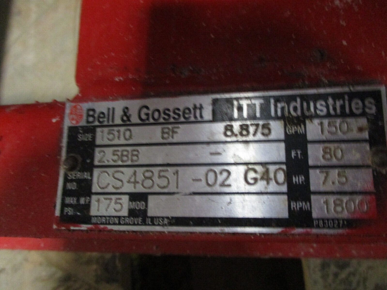 Bell & Gossett Pump 1510 BF 8.875 2.5BB 7.5HP 1800RPM 150GPM 80FT Head Used