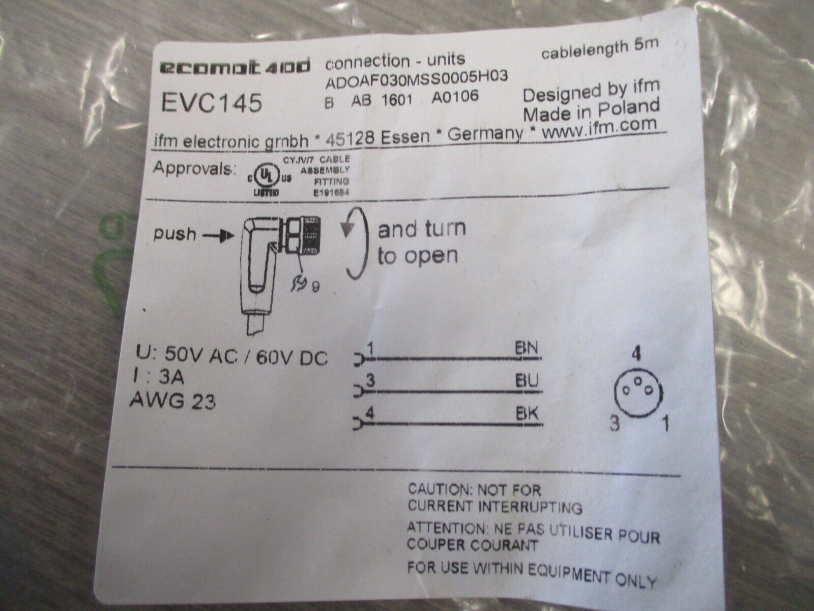 ifm Female Cordset EVC145 5m Cable M8 Connector New Surplus