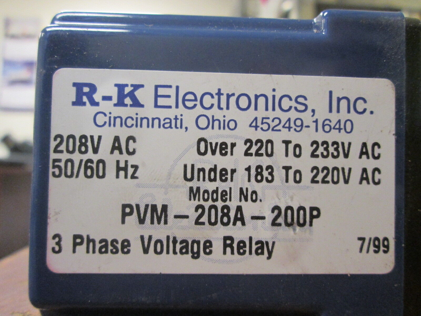 R-K Electronics 3Ph Voltage Relay PVM-208A-200P 208VAC 50/60Hz Used