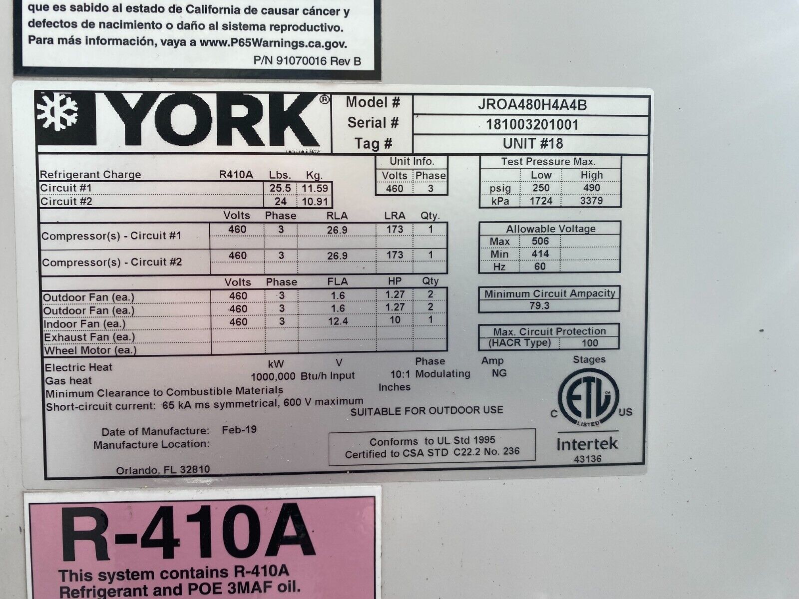York Dedicated Outdoor Air Unit 40 Ton 8,000CFM 460V 3PH MFD 2019 Used