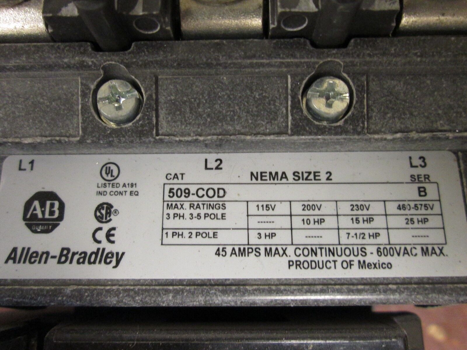 Allen-Bradley Starter 509-COD Size 2 115-120V Coil Overload: 592-CE1CC Used