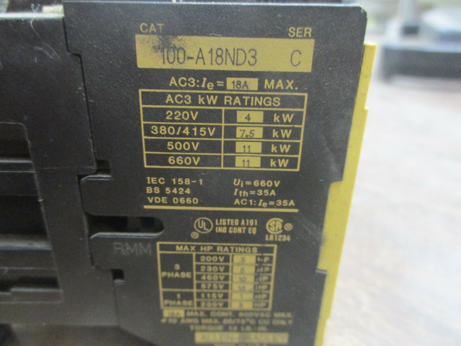 Allen-Bradley Contactor 100-A18ND3 120V Coil 18A 600V Used
