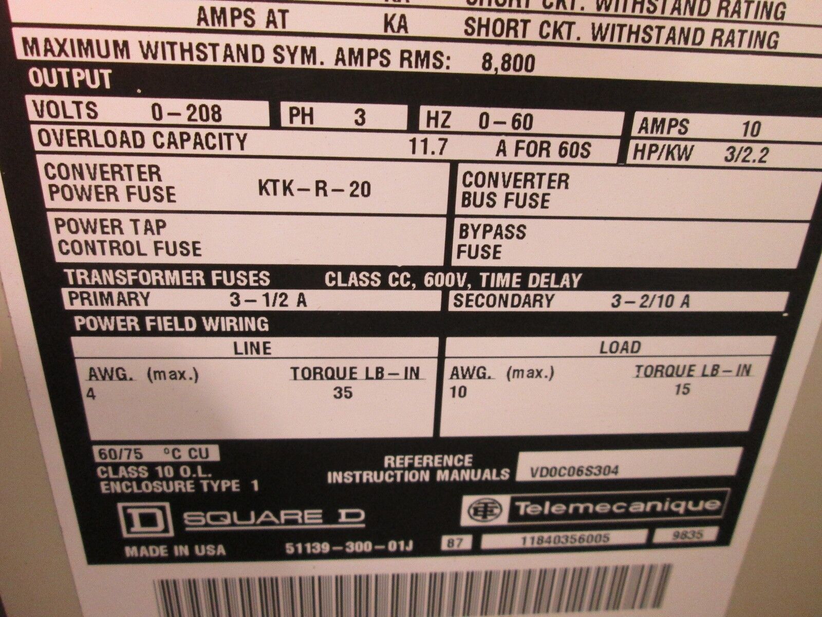 Square D Altivar 55 Bypass & AC Drive 8839ATV66U41M2 3HP *Bad Keypad* Used