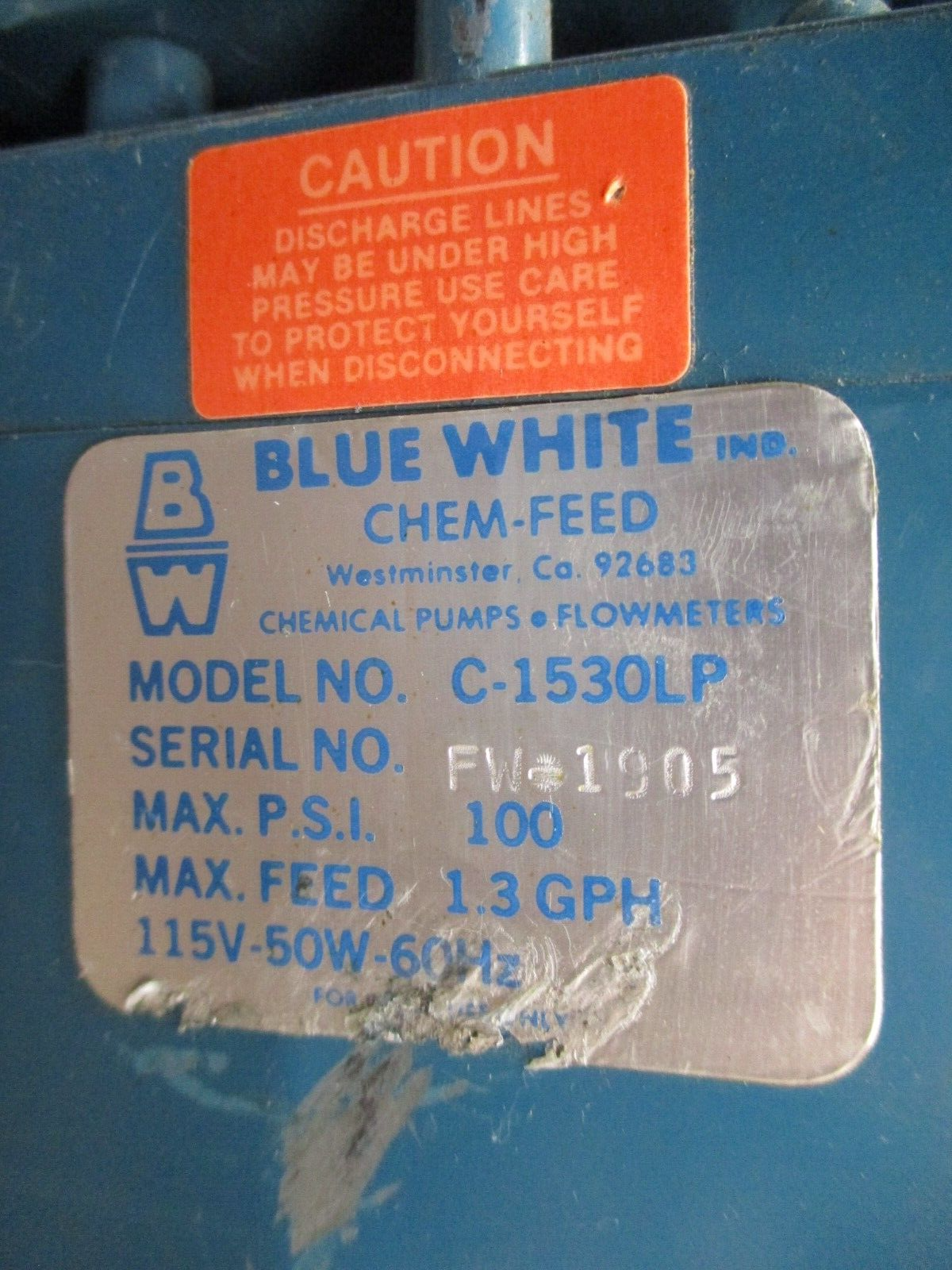Blue White Chem-Feed Pump C-1530LP 100PSI 1.3GPH 115V 60Hz *Missing Nut* Used