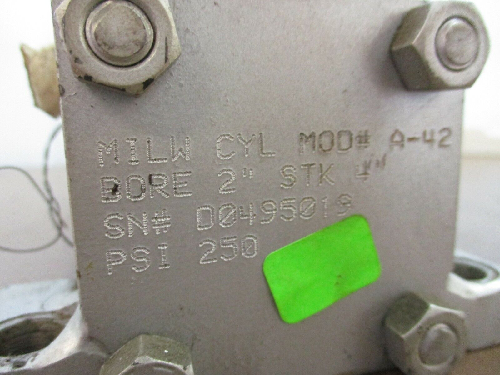 Milwaukee Cylinder Pneumatic Cylinder A-42 250 PSI Bore: 2" Stroke: 4" Used
