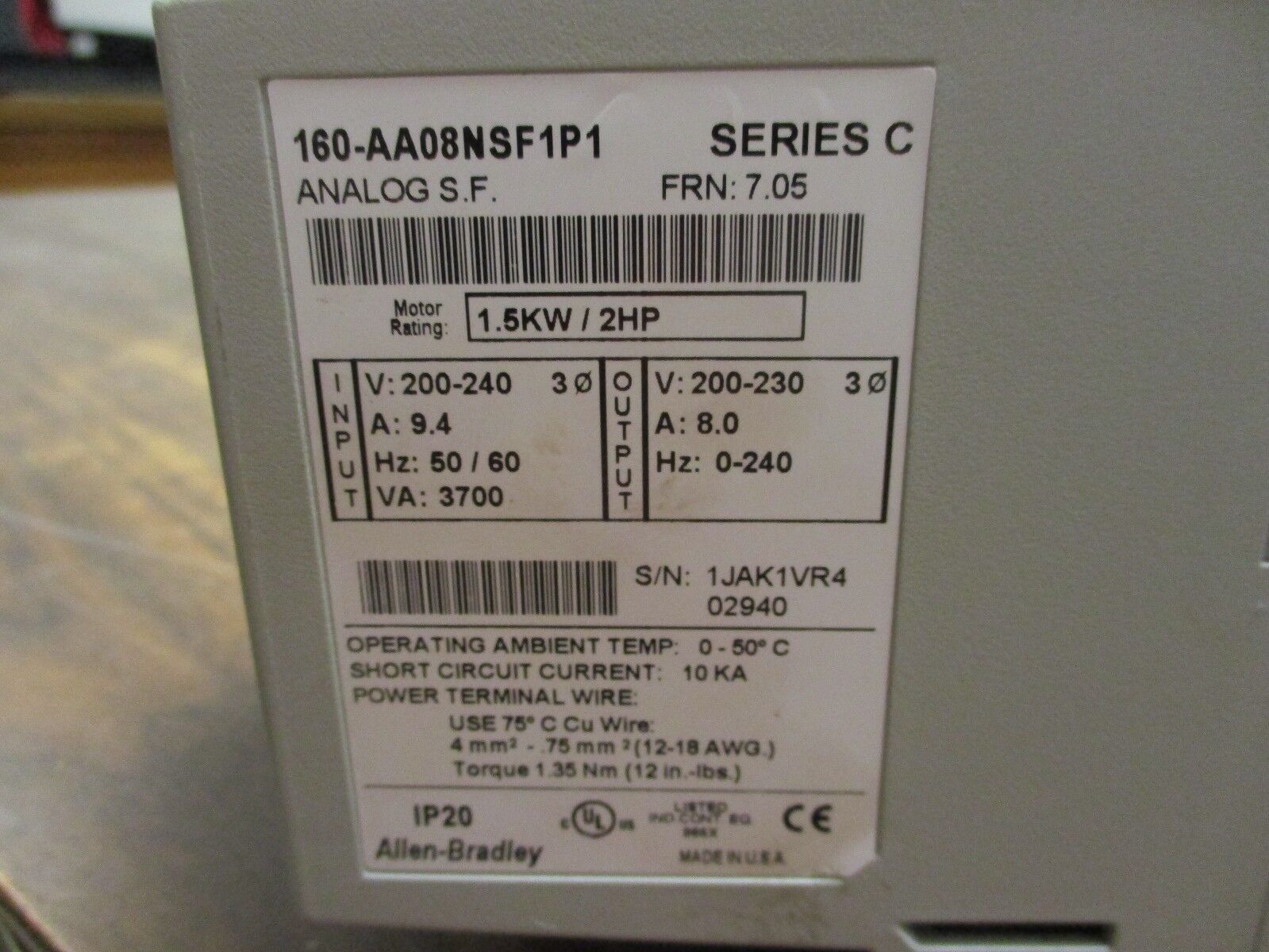 Allen-Bradley Analog S.F. 160-AA08NSF1P1 Ser C FRN: 7.05 Used