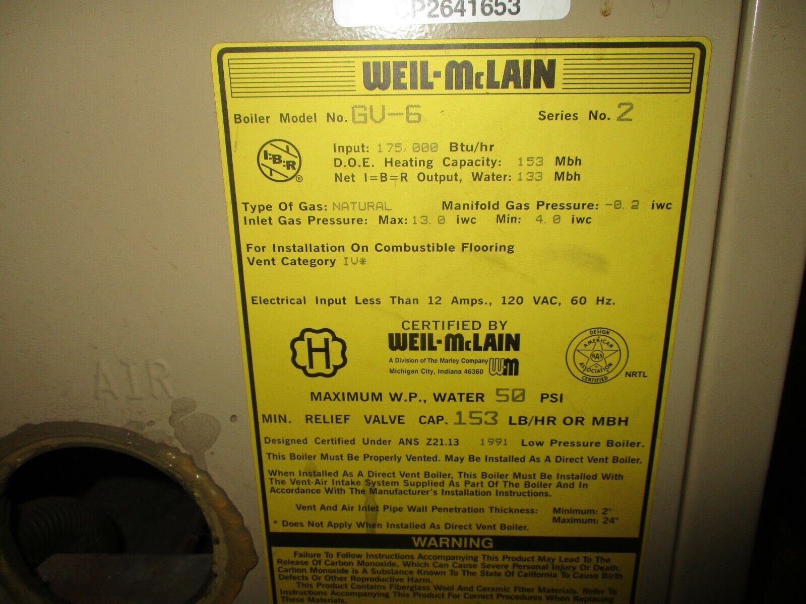 Weil-Mclain Natural Gas Boiler GV-6 Series 2 Input: 175,000 BTU 50PSI 120V 12A